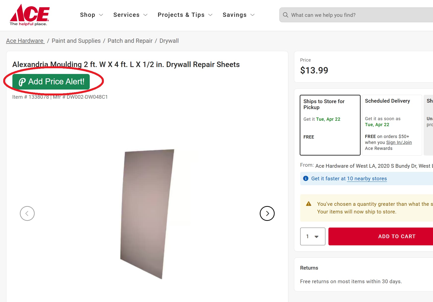 Screenshot showing PriceLasso's button for tracking Ace Hardware prices