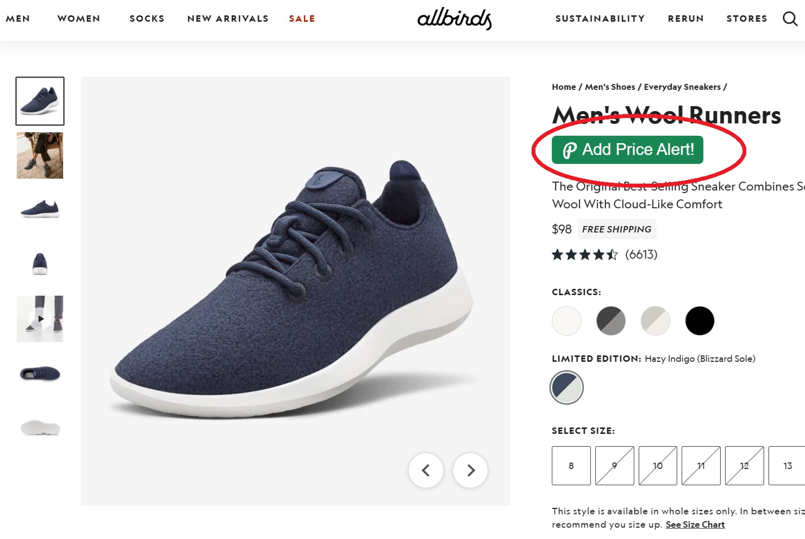 Screenshot showing PriceLasso's button for tracking Allbirds prices