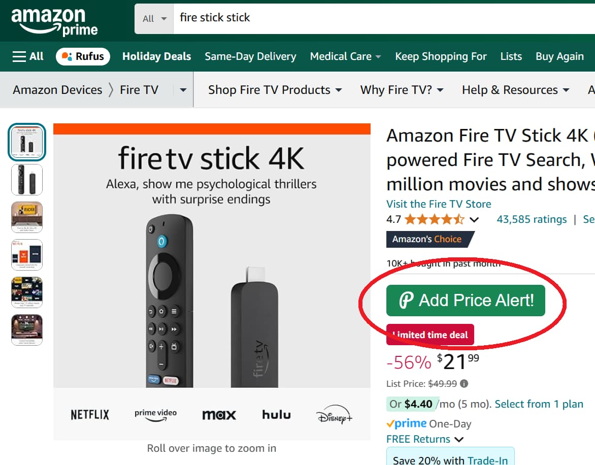 Screenshot showing PriceLasso's button for tracking Amazon Prices