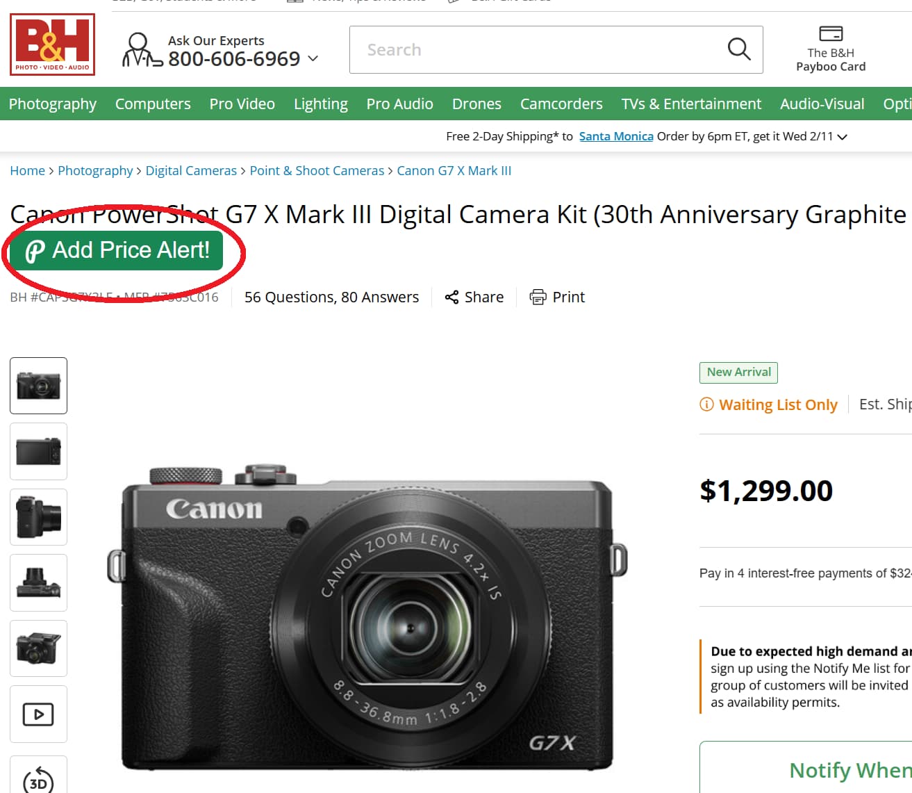 B&H Photo Video price tracker button for product price drop alerts and price history