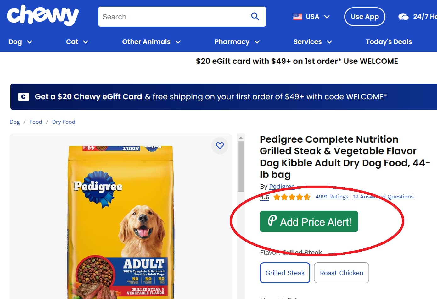 Screenshot showing PriceLasso's button for tracking Chewy prices