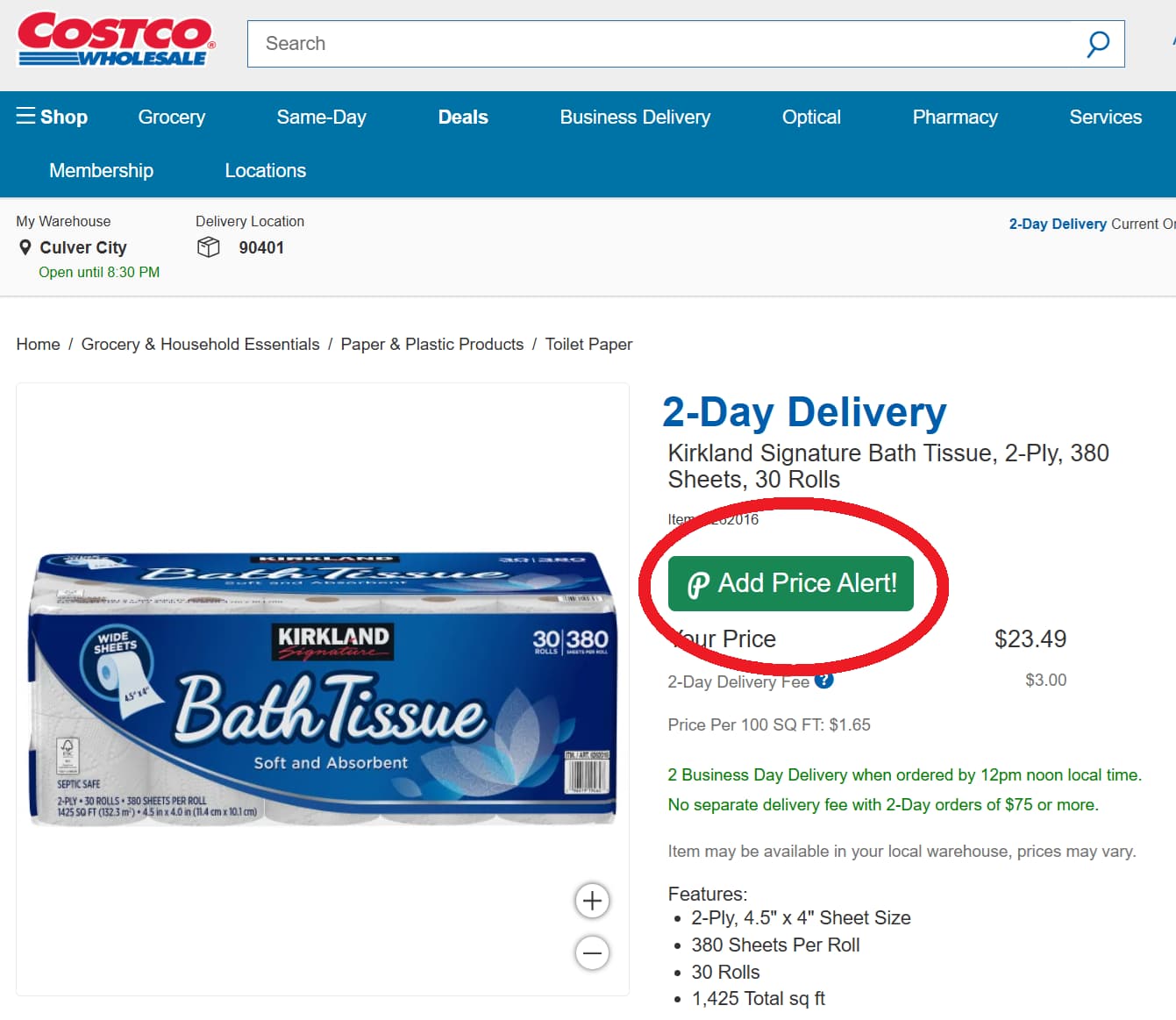 Screenshot showing PriceLasso's button for tracking Costco Prices