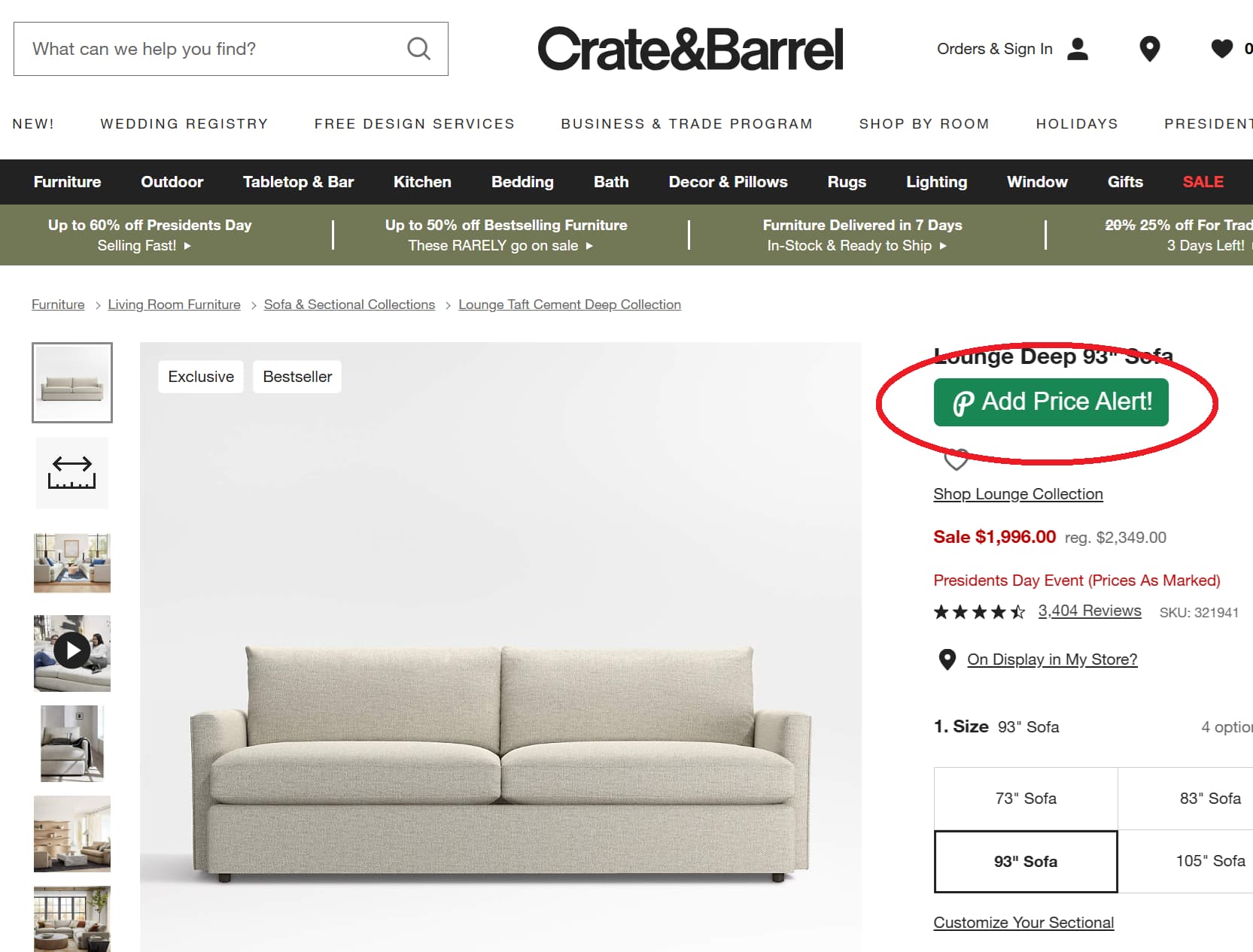 Crate & Barrel price tracker button for product price drop alerts and price history