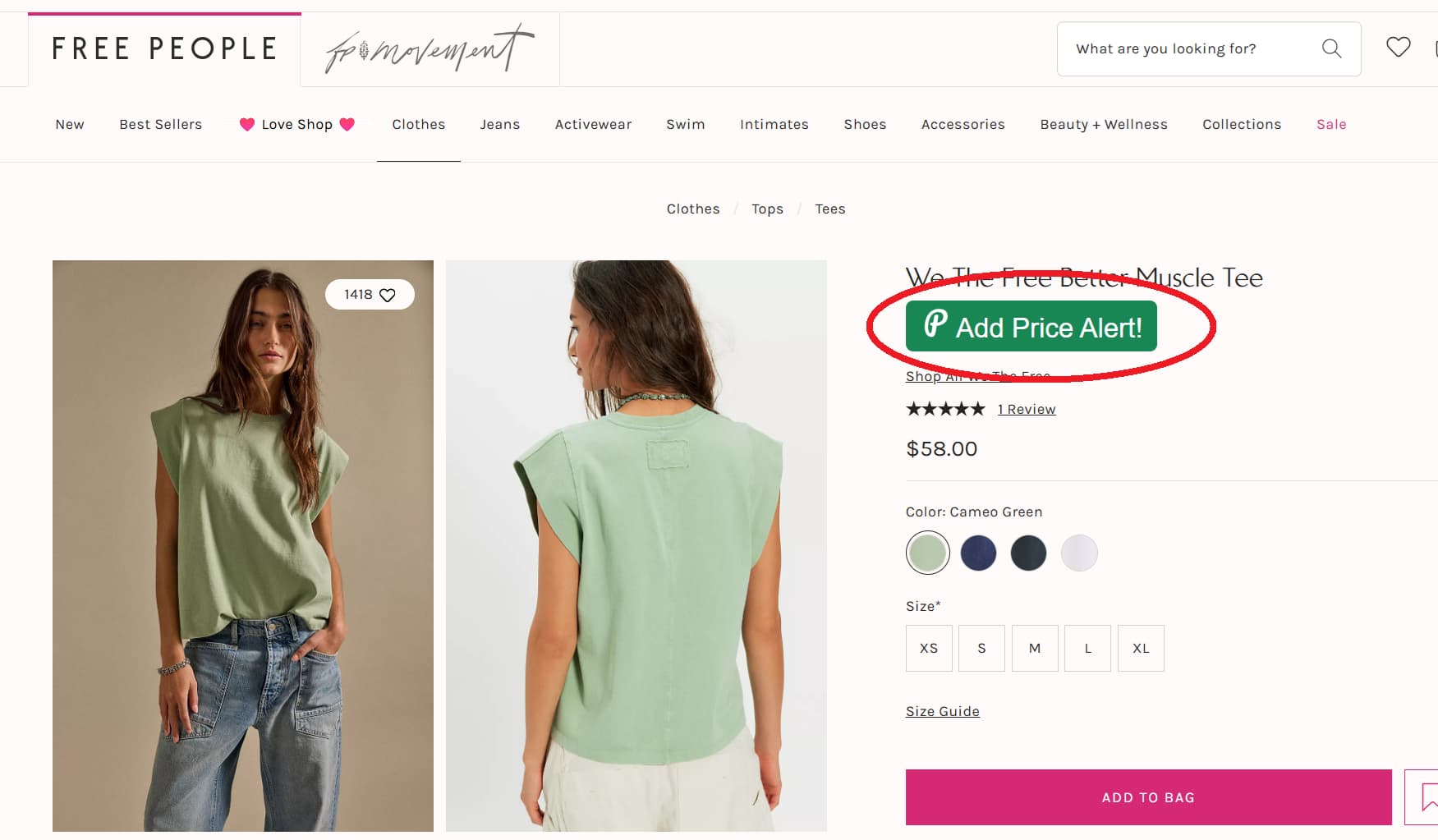 Free People price tracker button for product price drop alerts and price history
