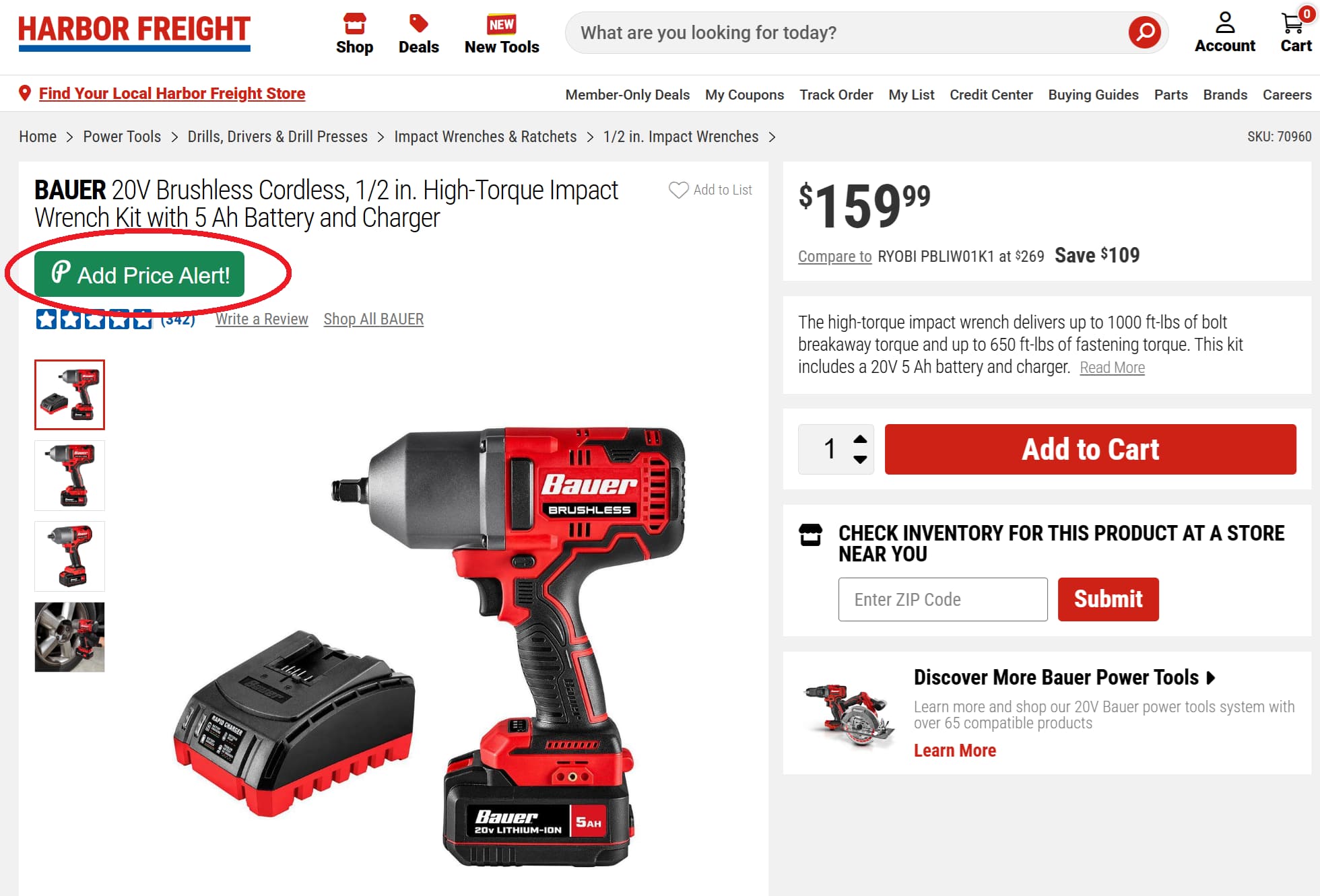 Screenshot showing PriceLasso's button for tracking Harbor Freight prices