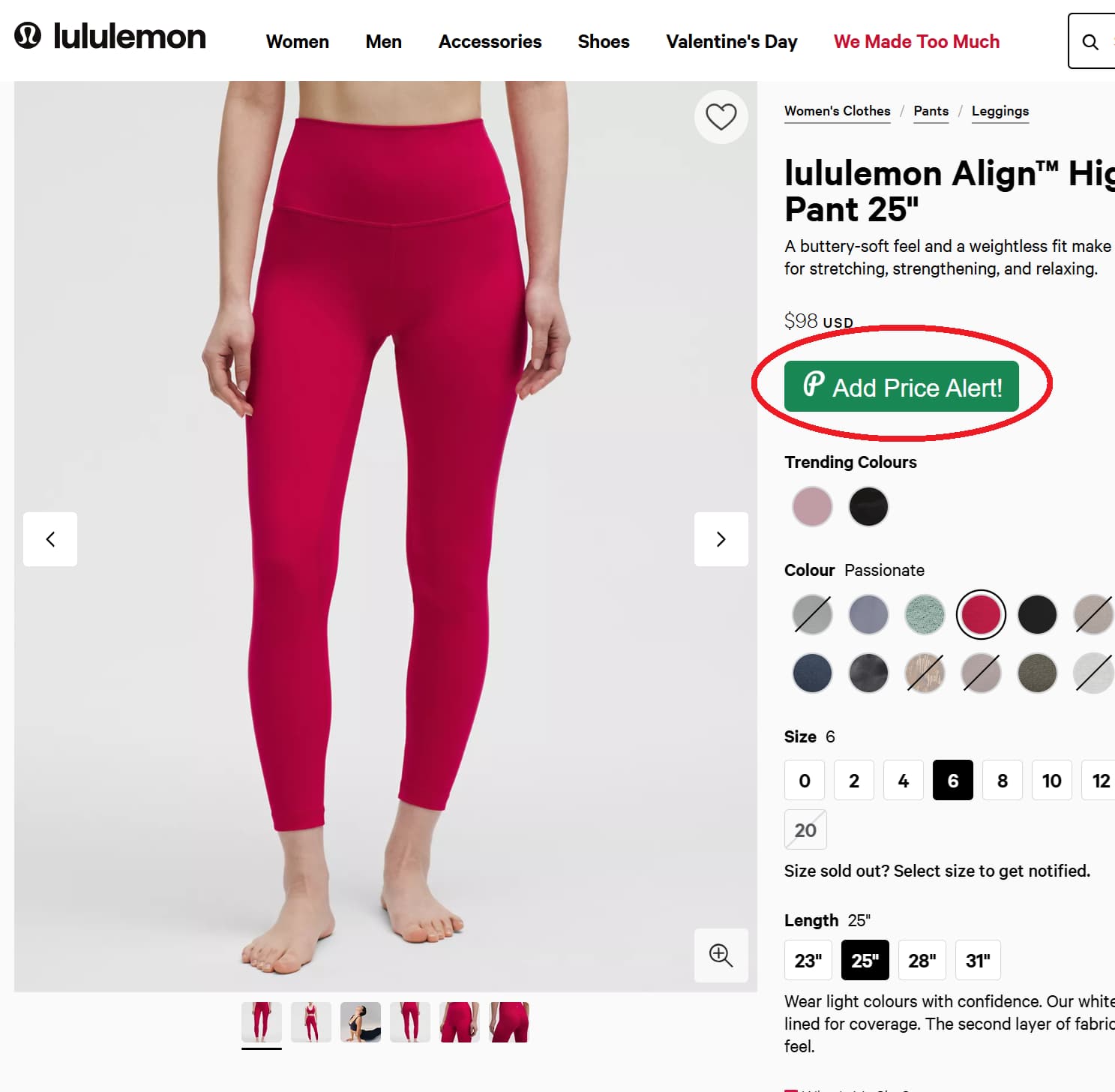 Screenshot showing PriceLasso's button for tracking Lululemon prices