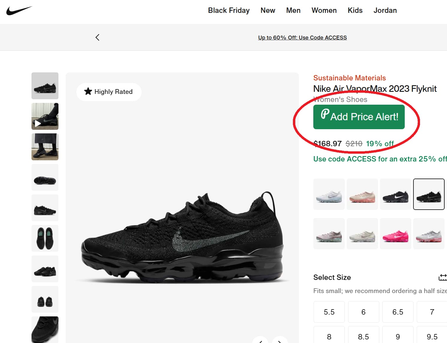 Screenshot showing PriceLasso's button for tracking Nike Prices