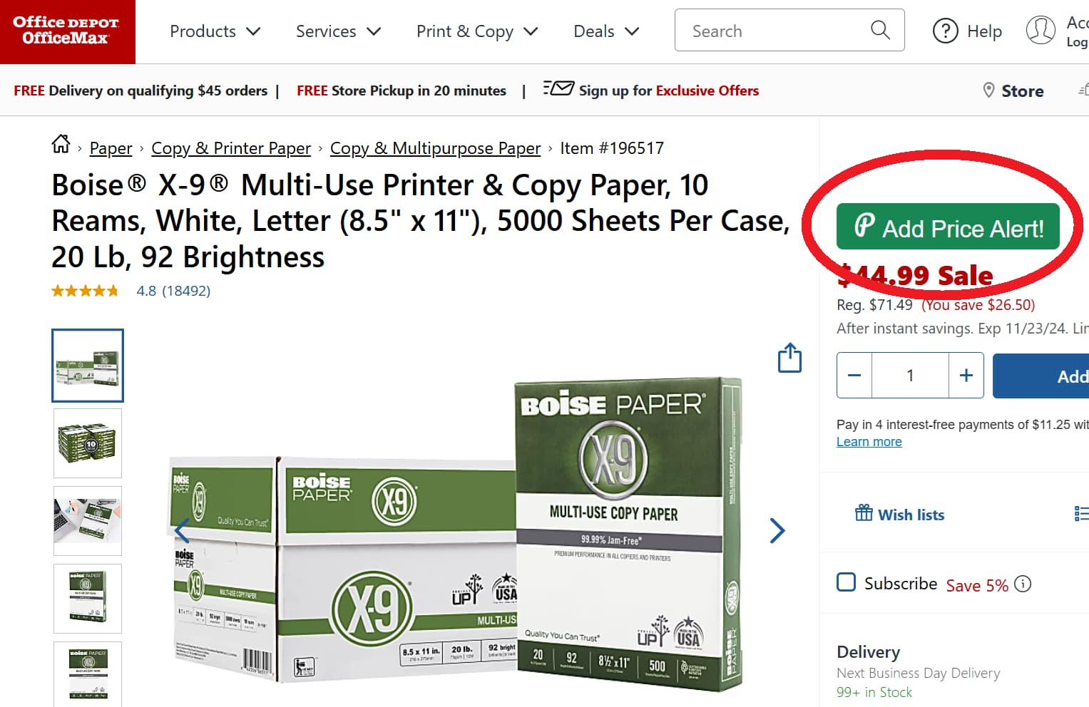 Screenshot showing PriceLasso's button for tracking Office Depot Prices