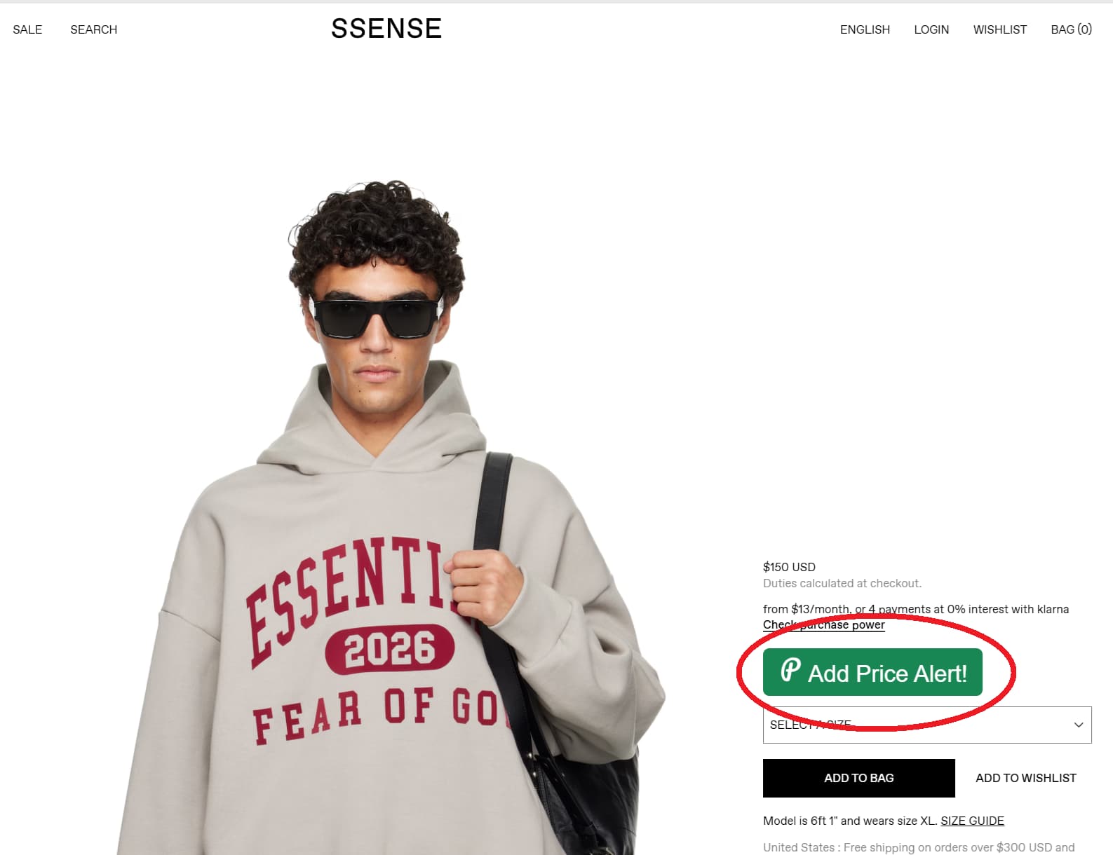 Ssense price tracker button for product price drop alerts and price history