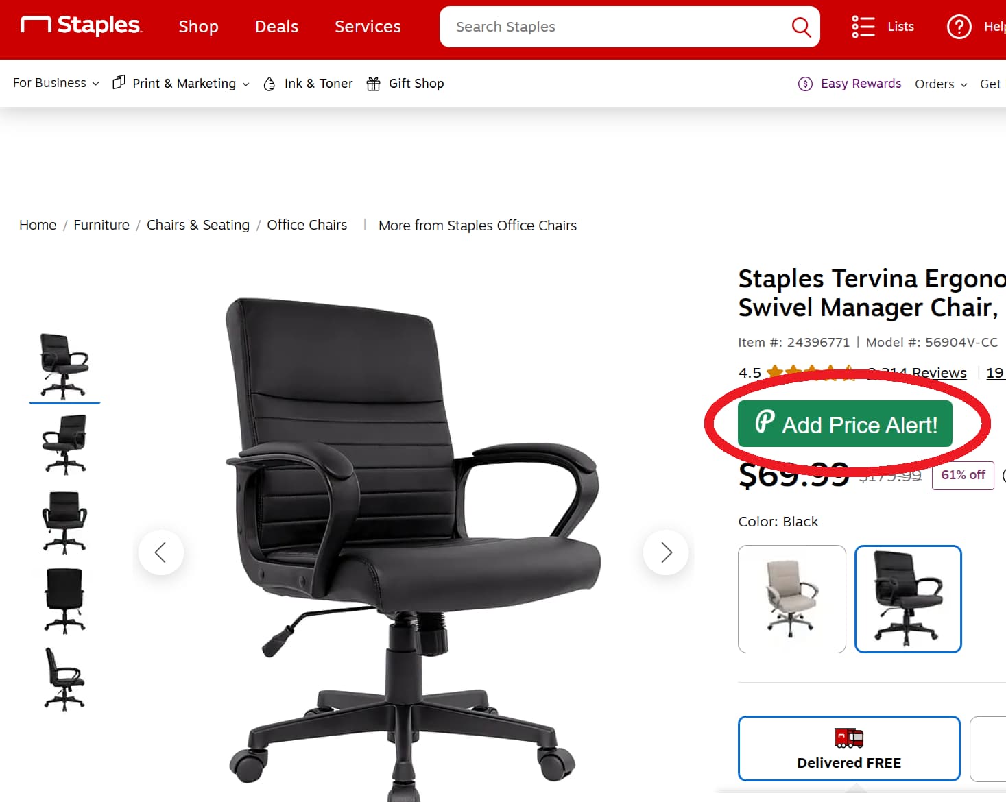 Screenshot showing PriceLasso's button for tracking Staples Prices