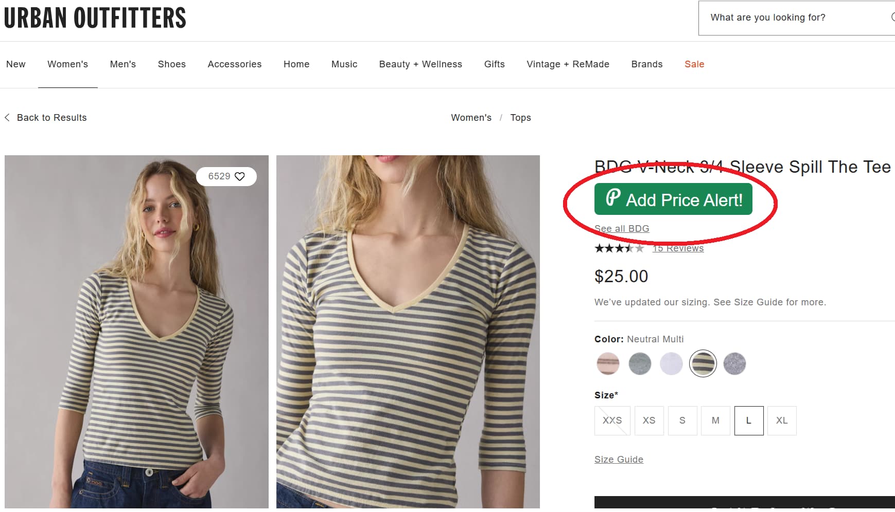 Urban Outfitters price tracker button for product price drop alerts and price history
