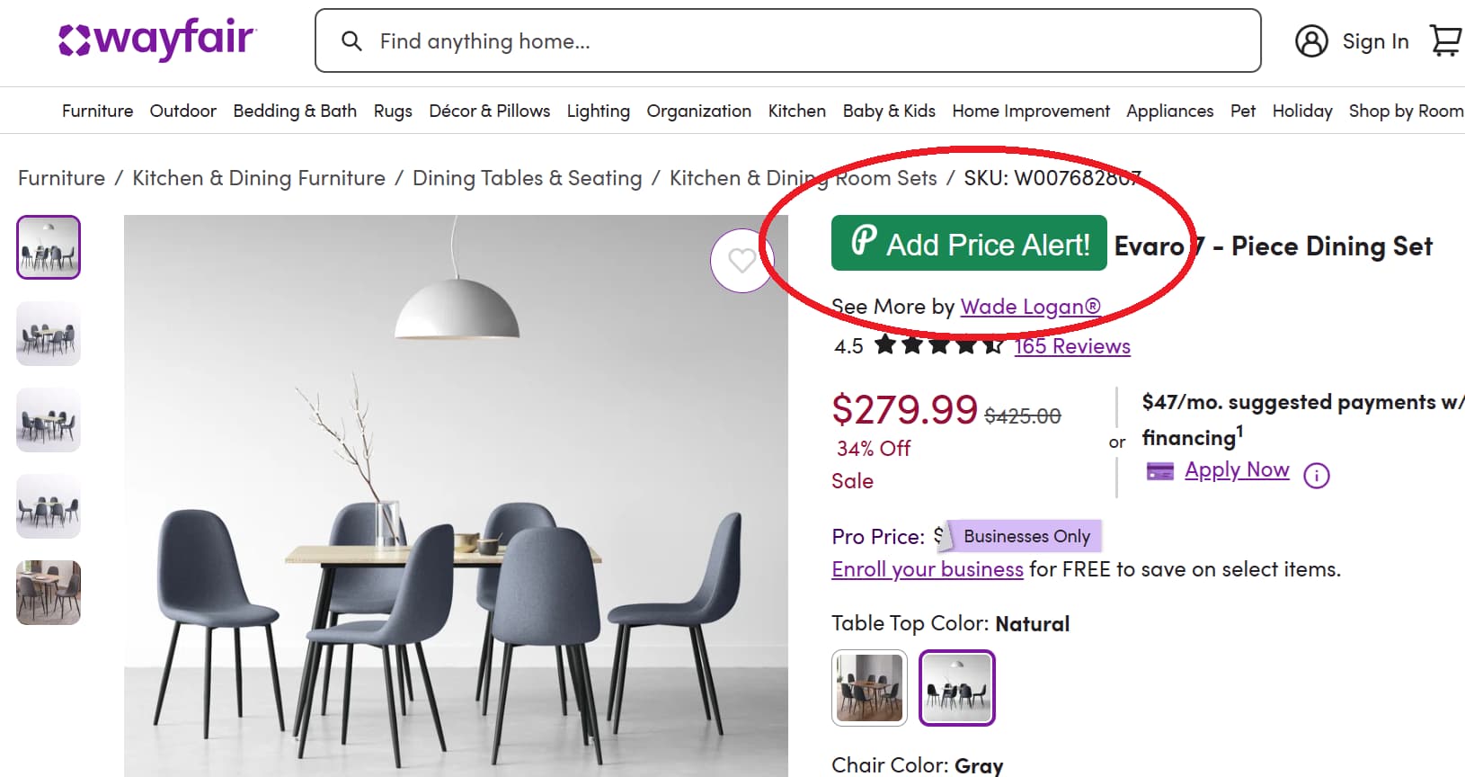 Screenshot showing PriceLasso's button for tracking Wayfair Prices